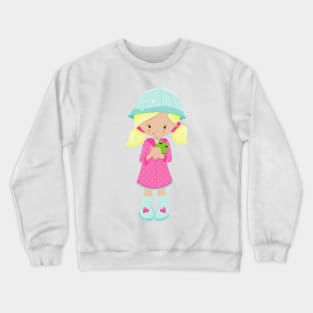 Girl In Raincoat, Boots, Frog, Blonde Hair Crewneck Sweatshirt